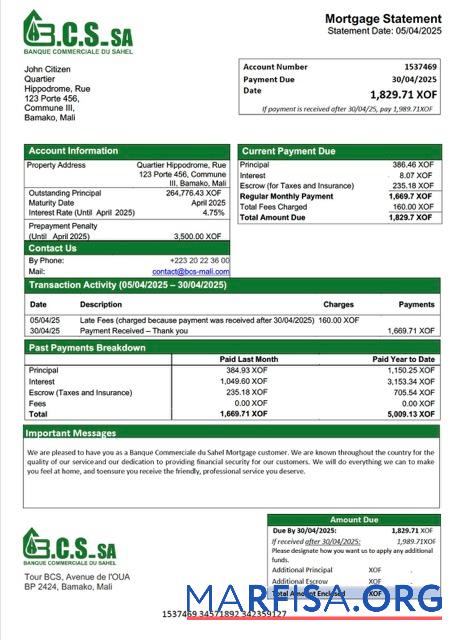 Downloadable Mali Banque Commerciale du Sahel (BCS) mortgage statement Word and PDF template